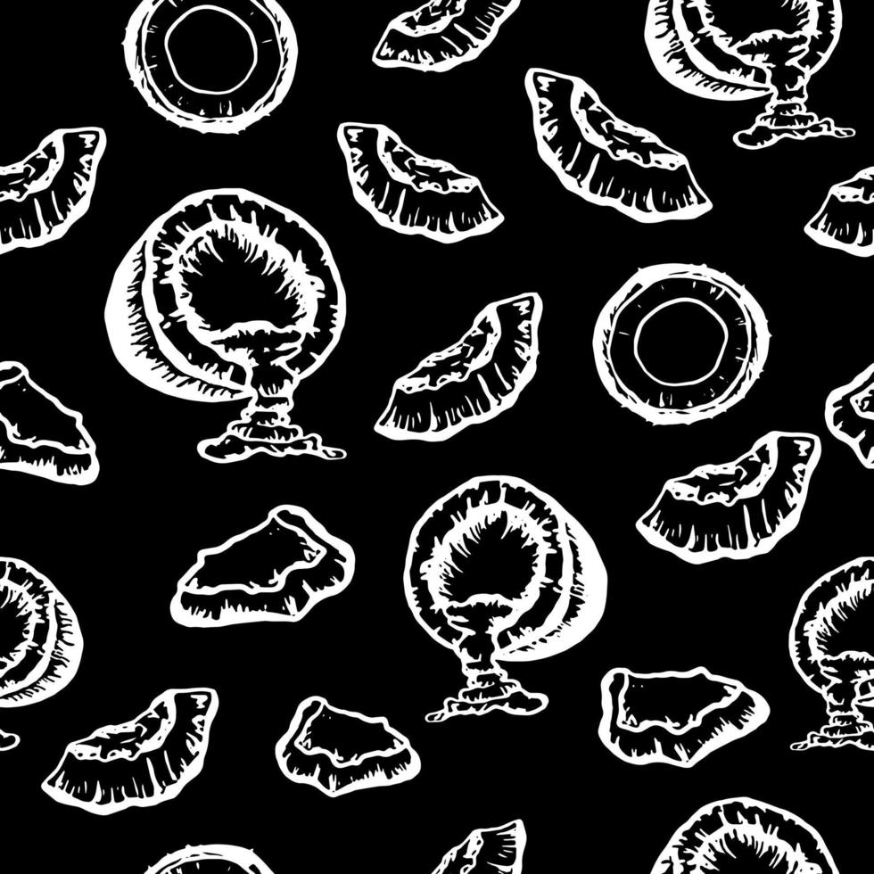 Whole coconuts, split and pieces, coconut milk. Vector seamless pattern in black and white, doodle style, vintage style engraving. Great for packaging, labels, icon design.