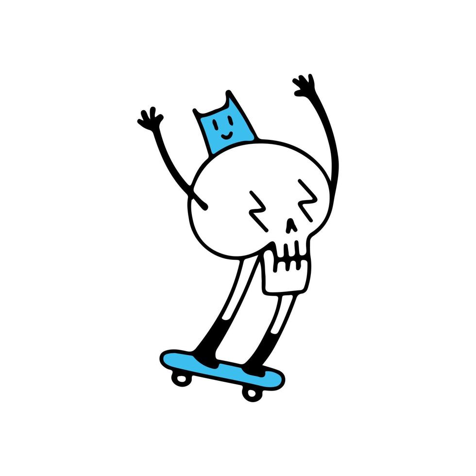Funny Skull and cat riding a skateboard , illustration for t-shirt, poster, sticker, or apparel merchandise. With cartoon style. vector