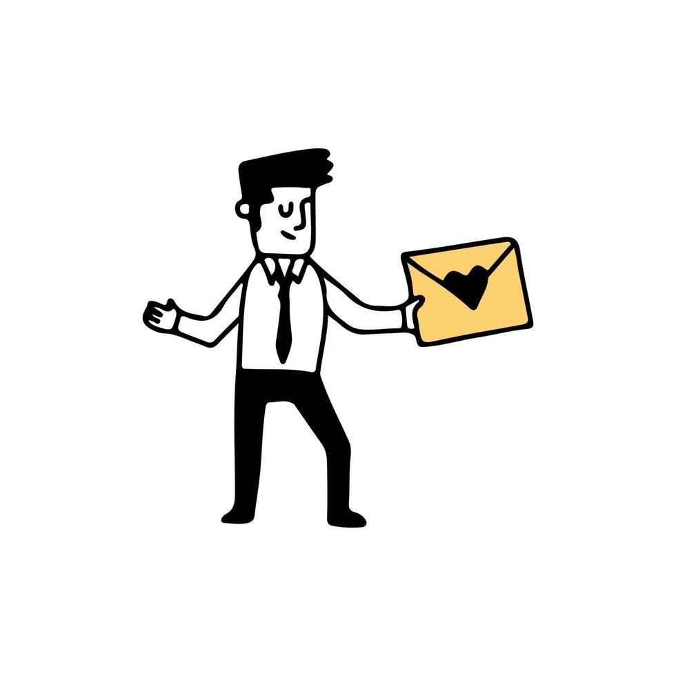 ilustración de un hombre de negocios sosteniendo cartas de amor, estilo de garabato de ilustración vectorial dibujado a mano vector