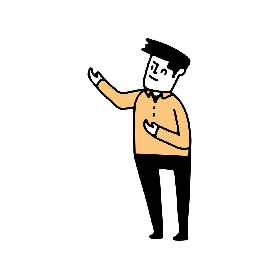 ilustración de un hombre de negocios que muestra algo gesto, estilo de garabato de ilustración vectorial dibujado a mano vector