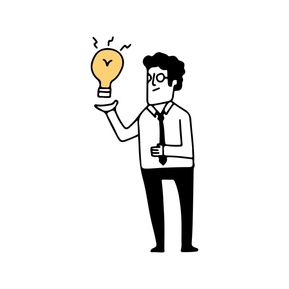 Illustration of a businessman with lamp idea, Hand drawn Vector Illustration doodle style