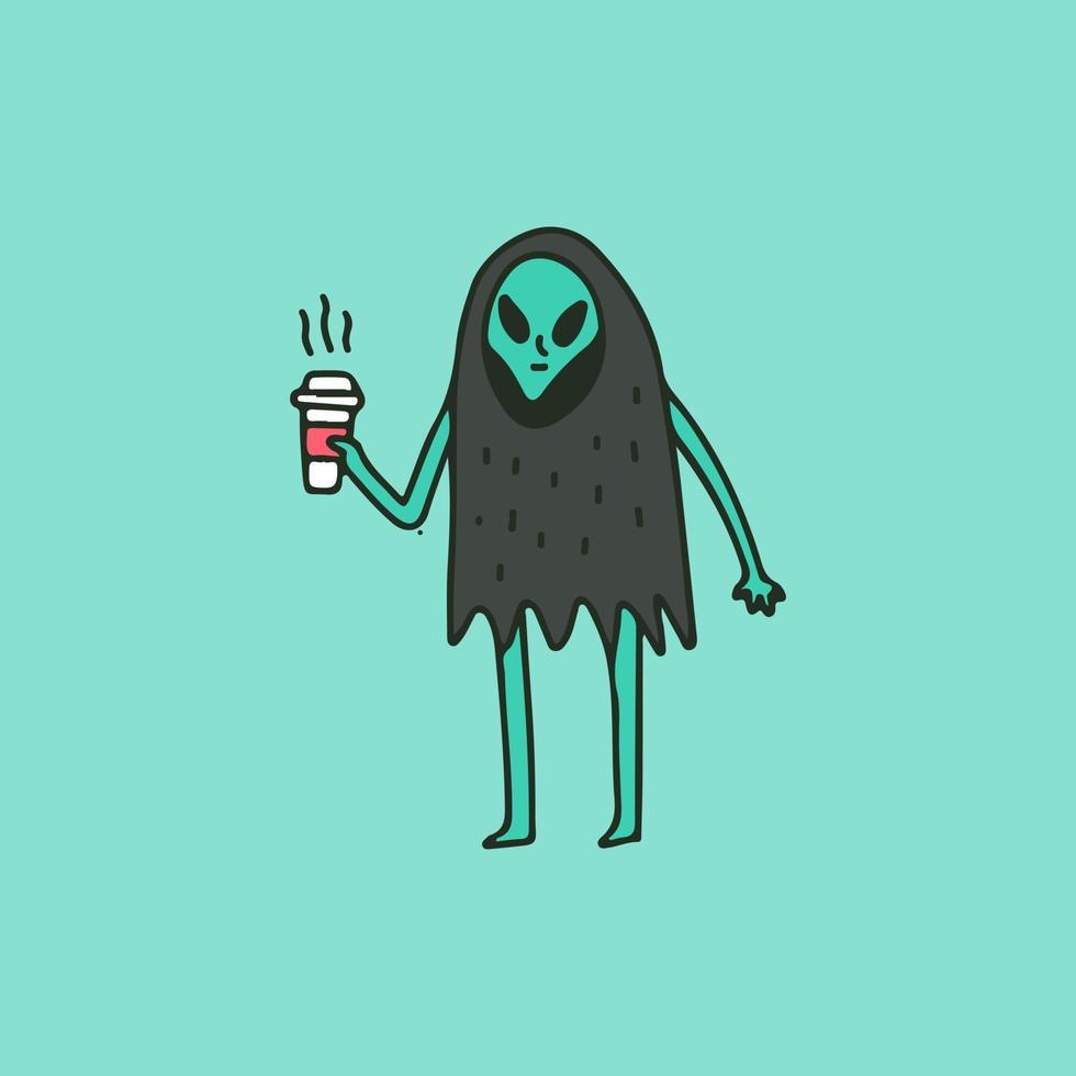 extraterrestre con túnica negra y sosteniendo una taza de café, ilustración para camisetas, calcomanías o prendas de vestir. con estilo de dibujos animados retro. vector