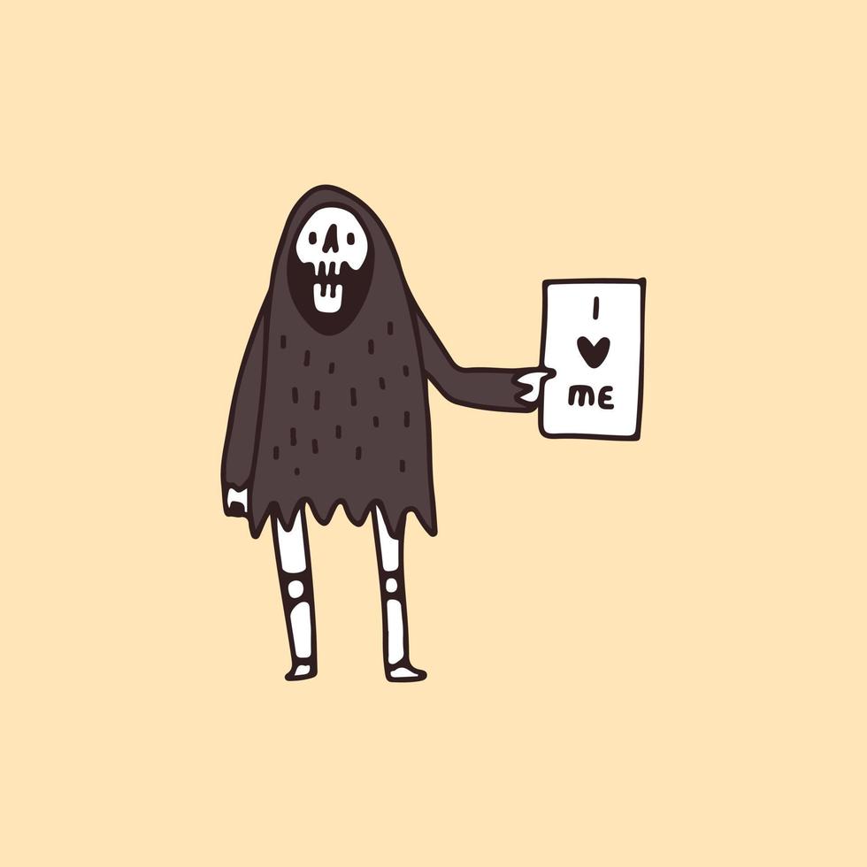 Cute Grim Reaper Skull holding paper with i love me typography , illustration for t-shirt, sticker, or apparel merchandise. With retro cartoon style. vector