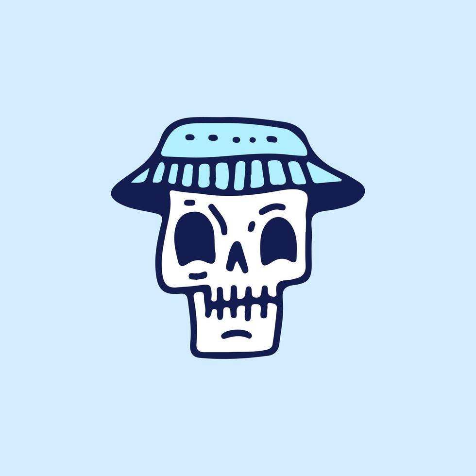 Cool skeleton head wearing bucket hat, illustration for t-shirt, sticker, or apparel merchandise. With retro cartoon style. vector