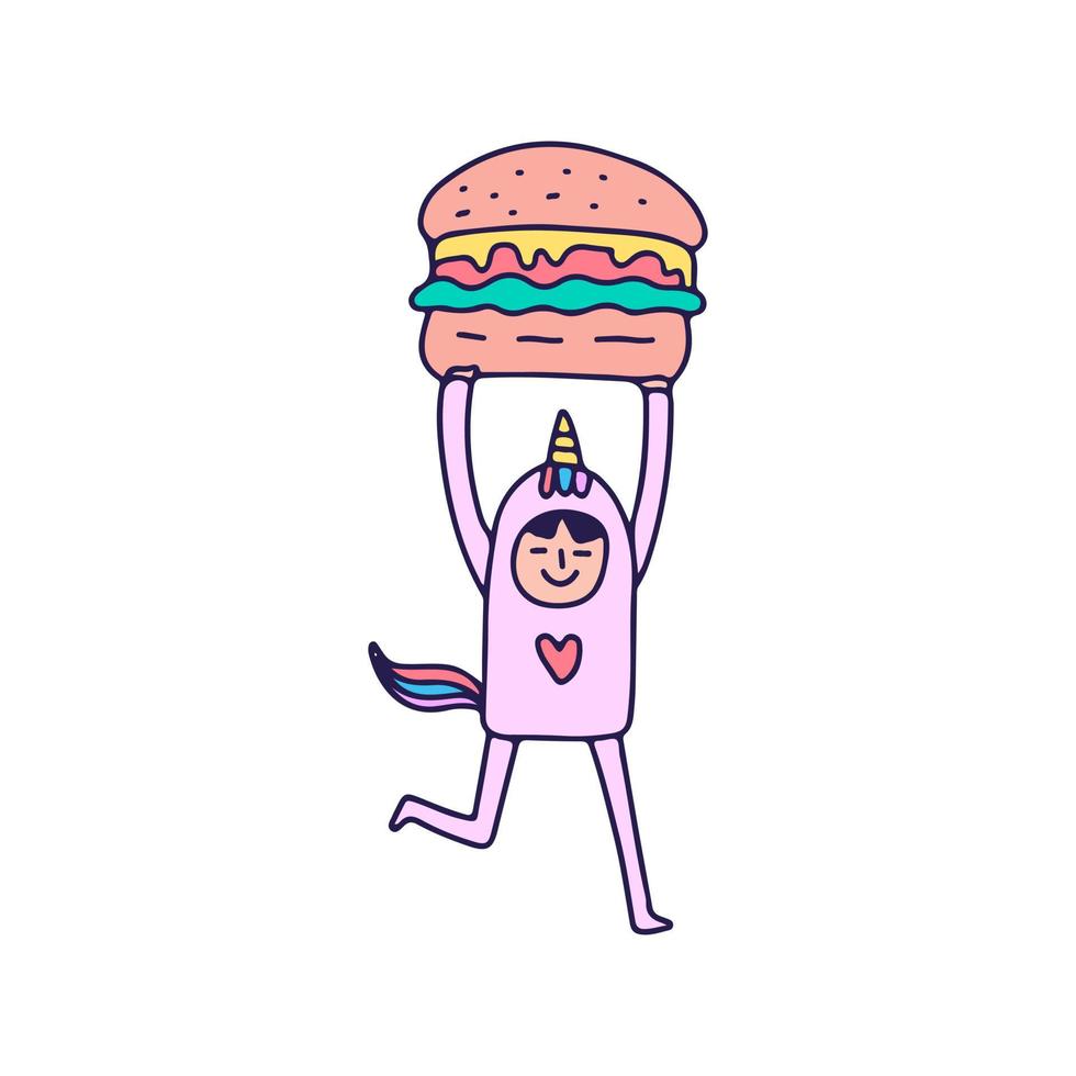 chico lindo disfrazado de unicornio levantando una hamburguesa, ilustración para camisetas, pegatinas o prendas de vestir. con garabato, pop suave y estilo de dibujos animados. vector