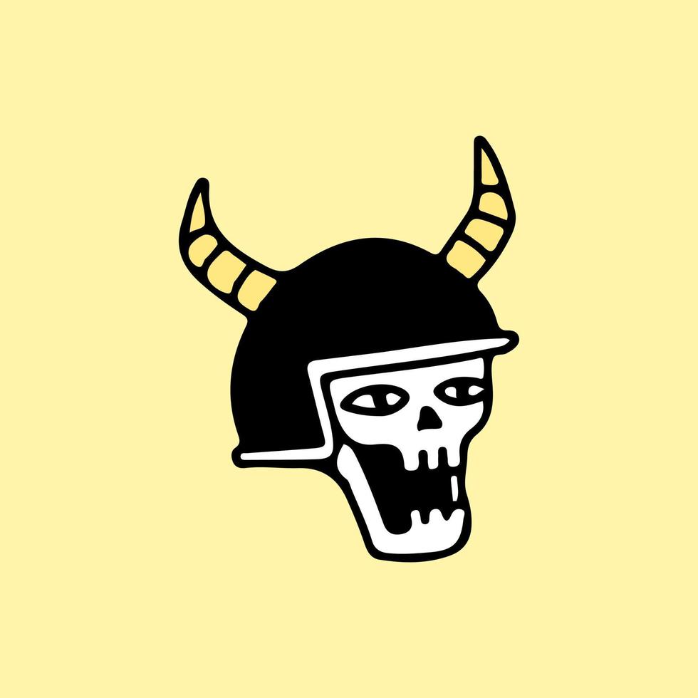 Skeleton head waring helmet with Viking horns, illustration for t-shirt, sticker, or apparel merchandise. With retro cartoon style. vector