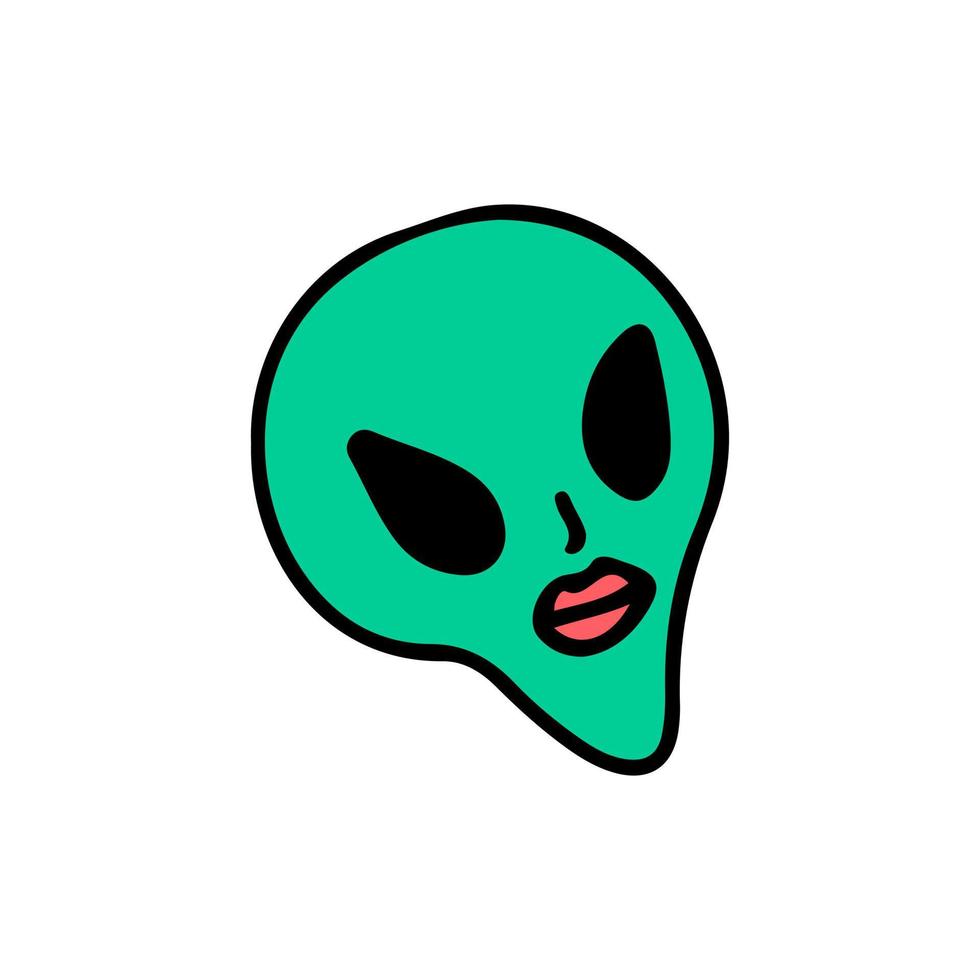 Alien face with sexy woman lips, illustration for t-shirt, sticker, or apparel merchandise. With doodle, soft pop, and cartoon style. vector