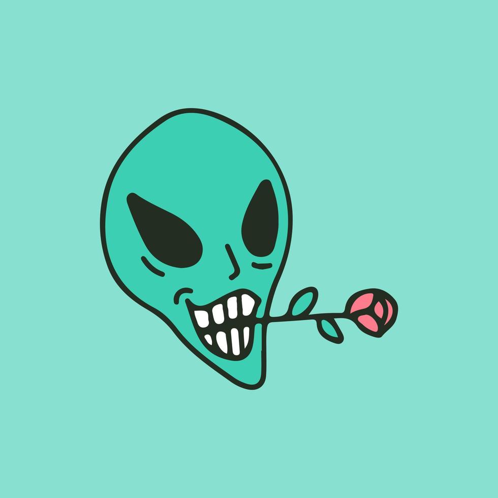 Alien face biting a roses, illustration for t-shirt, sticker, or apparel merchandise. With retro cartoon style. vector