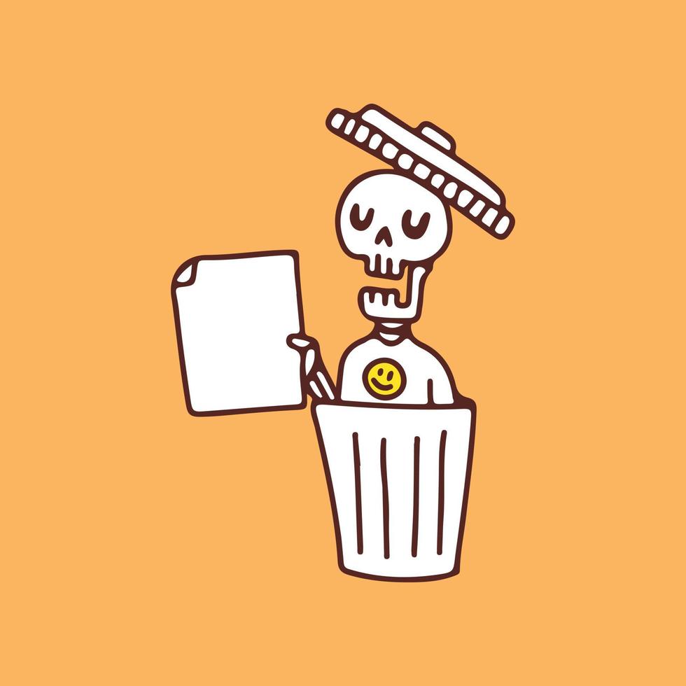 Skull on trash can holding empty paper, illustration for t-shirt, sticker, or apparel merchandise. With retro cartoon style. vector