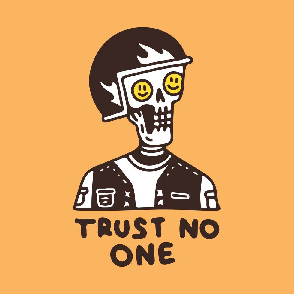 Cool skull wearing helmet and vest with trust no one typography, illustration for t-shirt, sticker, or apparel merchandise. With retro cartoon style. vector