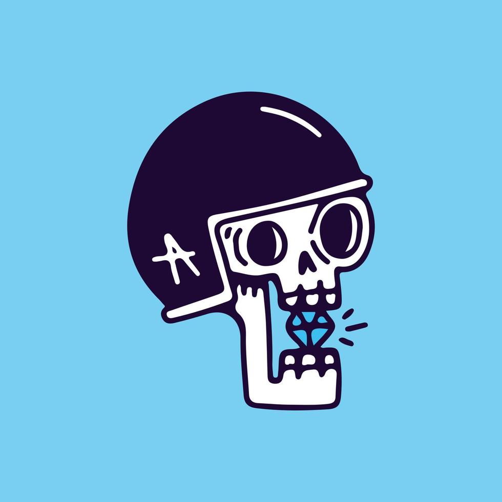 esqueleto con casco y muerde un diamante, ilustración para camisetas, pegatinas o prendas de vestir. con garabato, pop suave y estilo de dibujos animados. vector