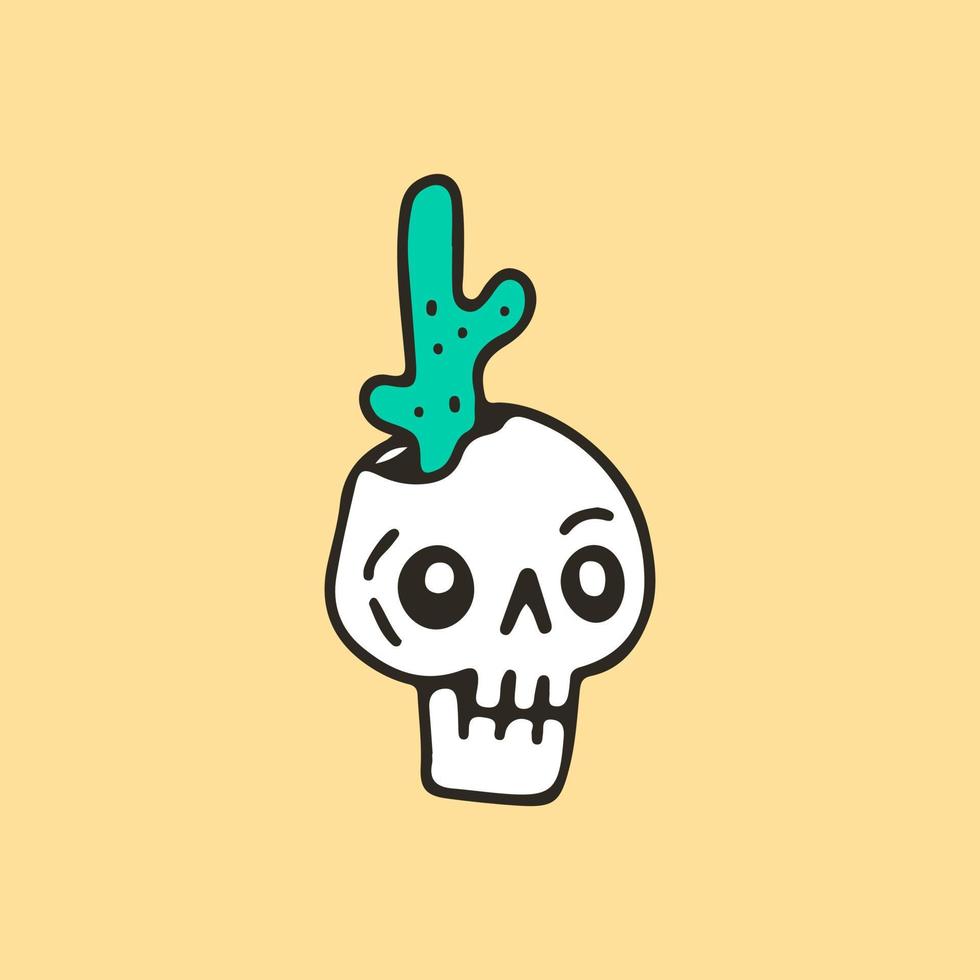 cabeza de cráneo rota y cactus, ilustración para camisetas, pegatinas o prendas de vestir. con estilo de dibujos animados retro. vector