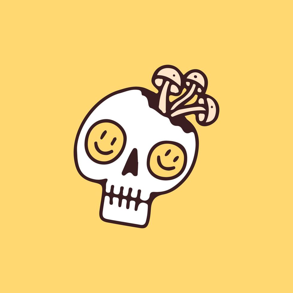 Broken skeleton head with smiley face eyes and mushroom, illustration for t-shirt, sticker, or apparel merchandise. With retro cartoon style. vector