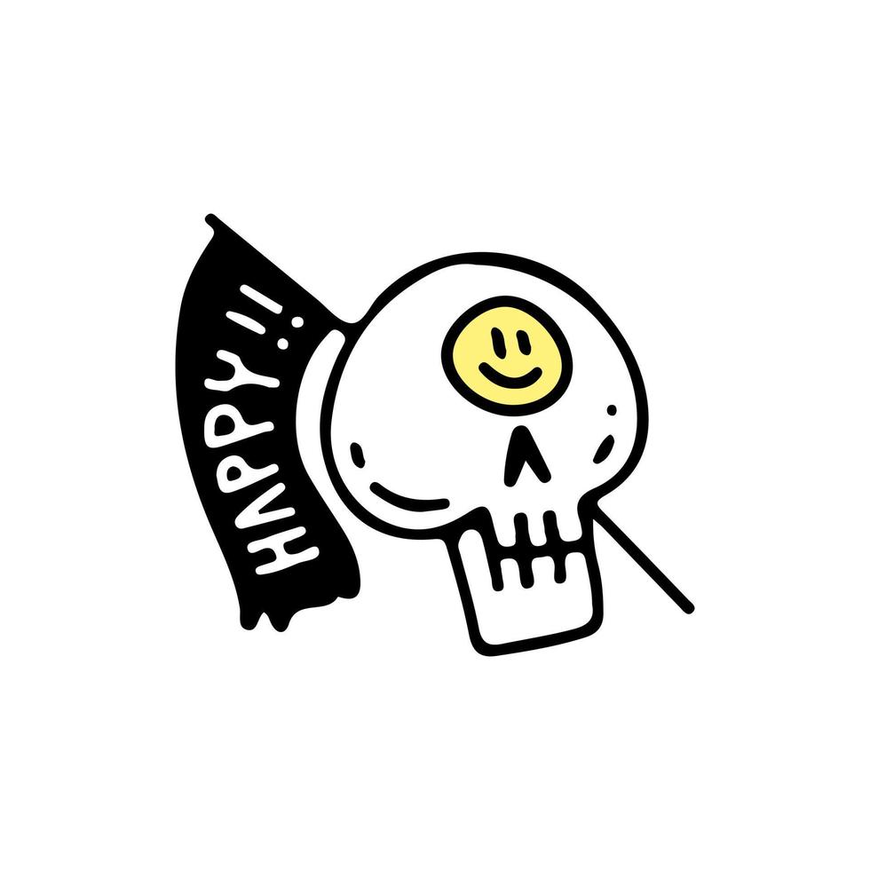 Skeleton head with smiley emoji and flag, illustration for t-shirt, sticker, or apparel merchandise. With retro cartoon style. vector