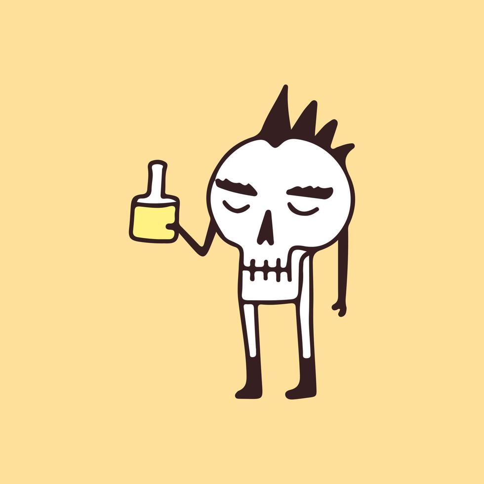 cráneo punk sosteniendo una botella de cerveza, ilustración para camisetas, pegatinas o prendas de vestir. con estilo de dibujos animados retro. vector