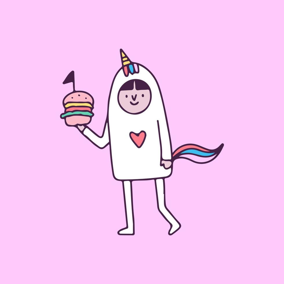 Cute boy in unicorn costume holding burger. illustration for t shirt, poster, logo, sticker, or apparel merchandise. vector