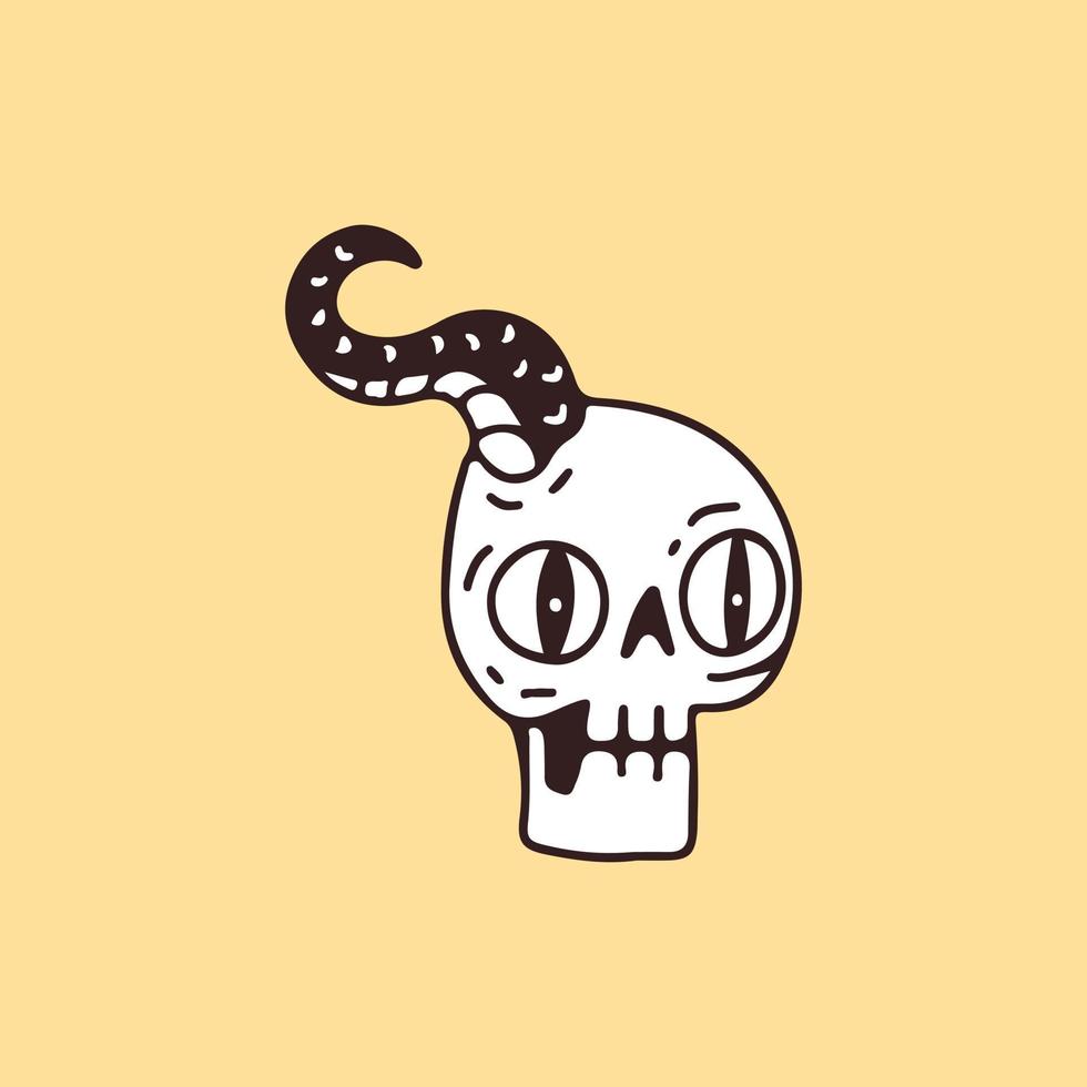 Broken skeleton head and snake, illustration for t-shirt, sticker, or apparel merchandise. With retro cartoon style. vector