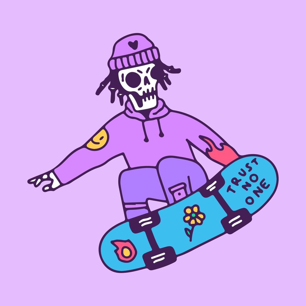 esqueleto exagerado con sombrero de gorro y estilo libre de suéter con patineta, ilustración para camisetas, calcomanías o prendas de vestir. con estilo de dibujos animados retro. vector