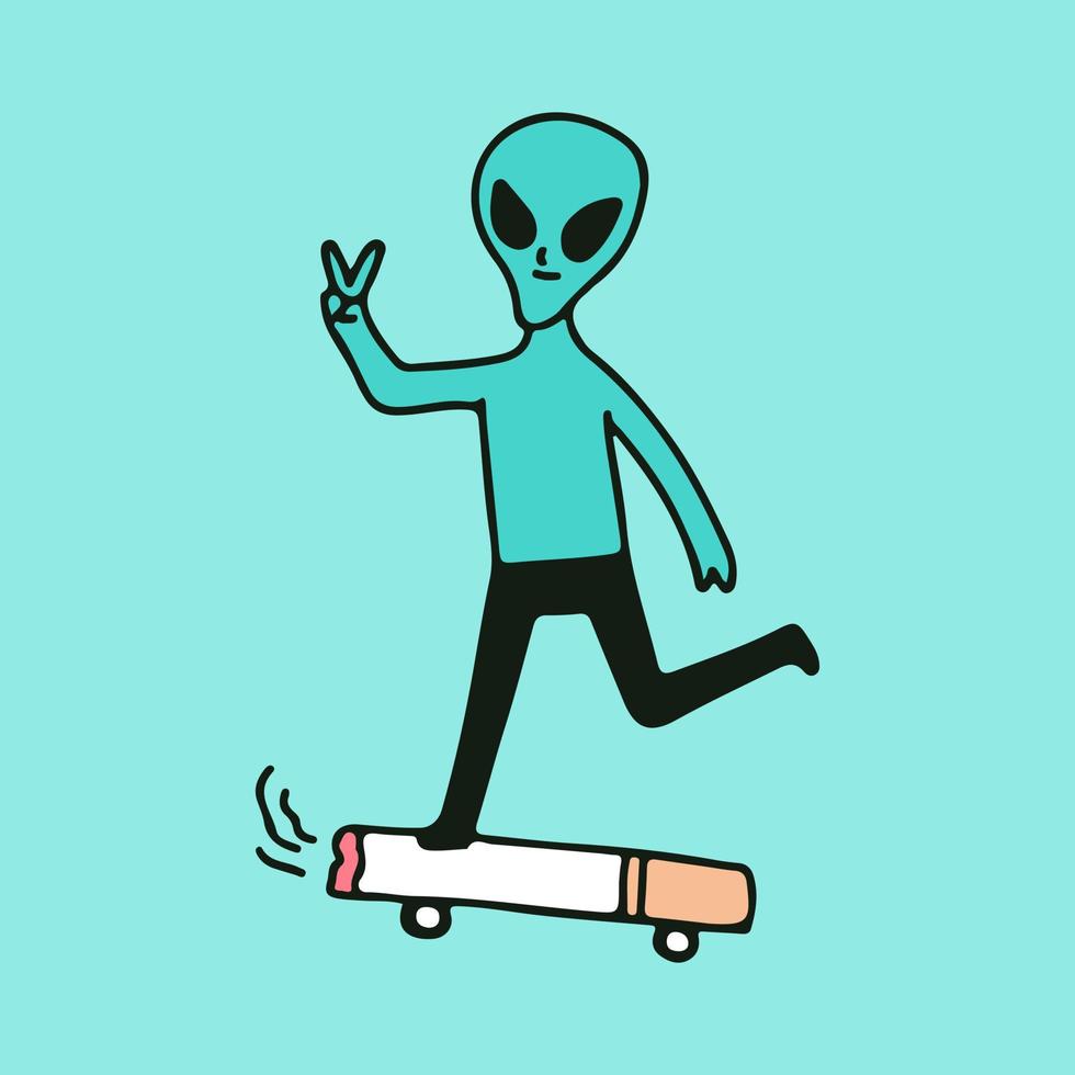 Alien character with peace hand and ride a cigarette skateboard, illustration for t-shirt, sticker, or apparel merchandise. With retro cartoon style. vector