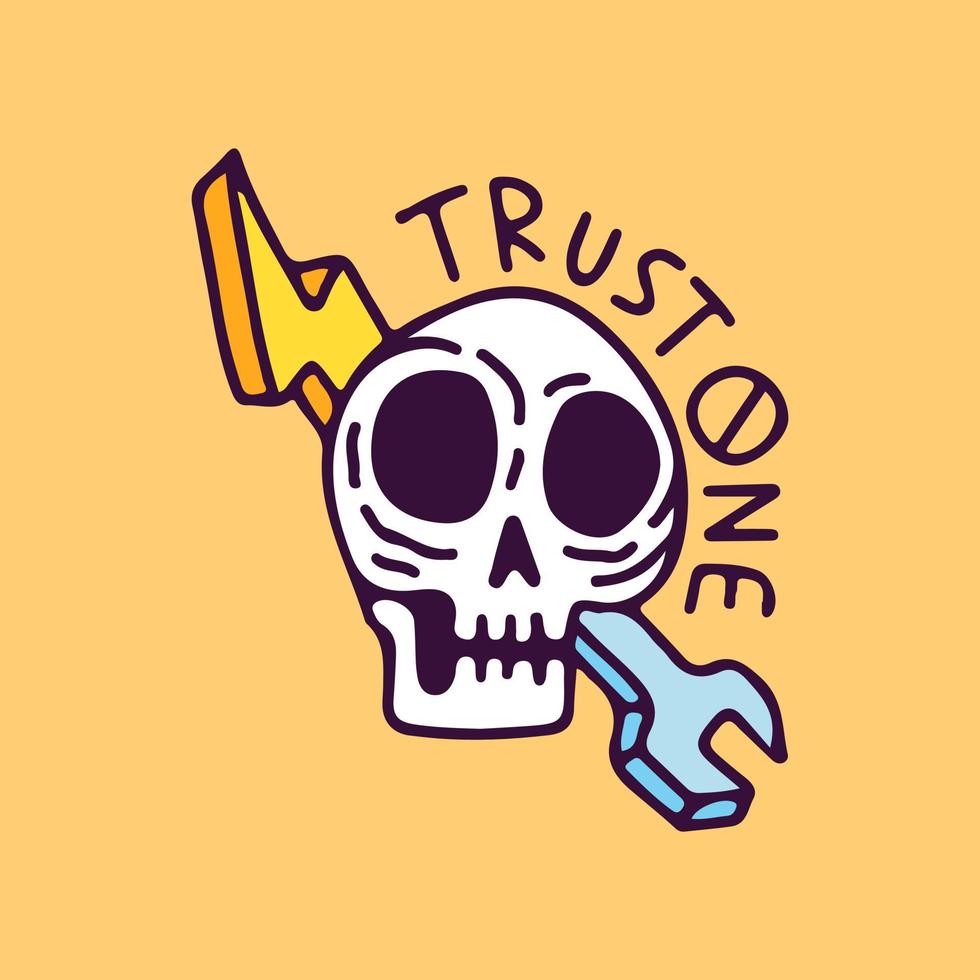 Skull head with thunder lightning and wrench, illustration for t-shirt, sticker, or apparel merchandise. With retro cartoon style. vector