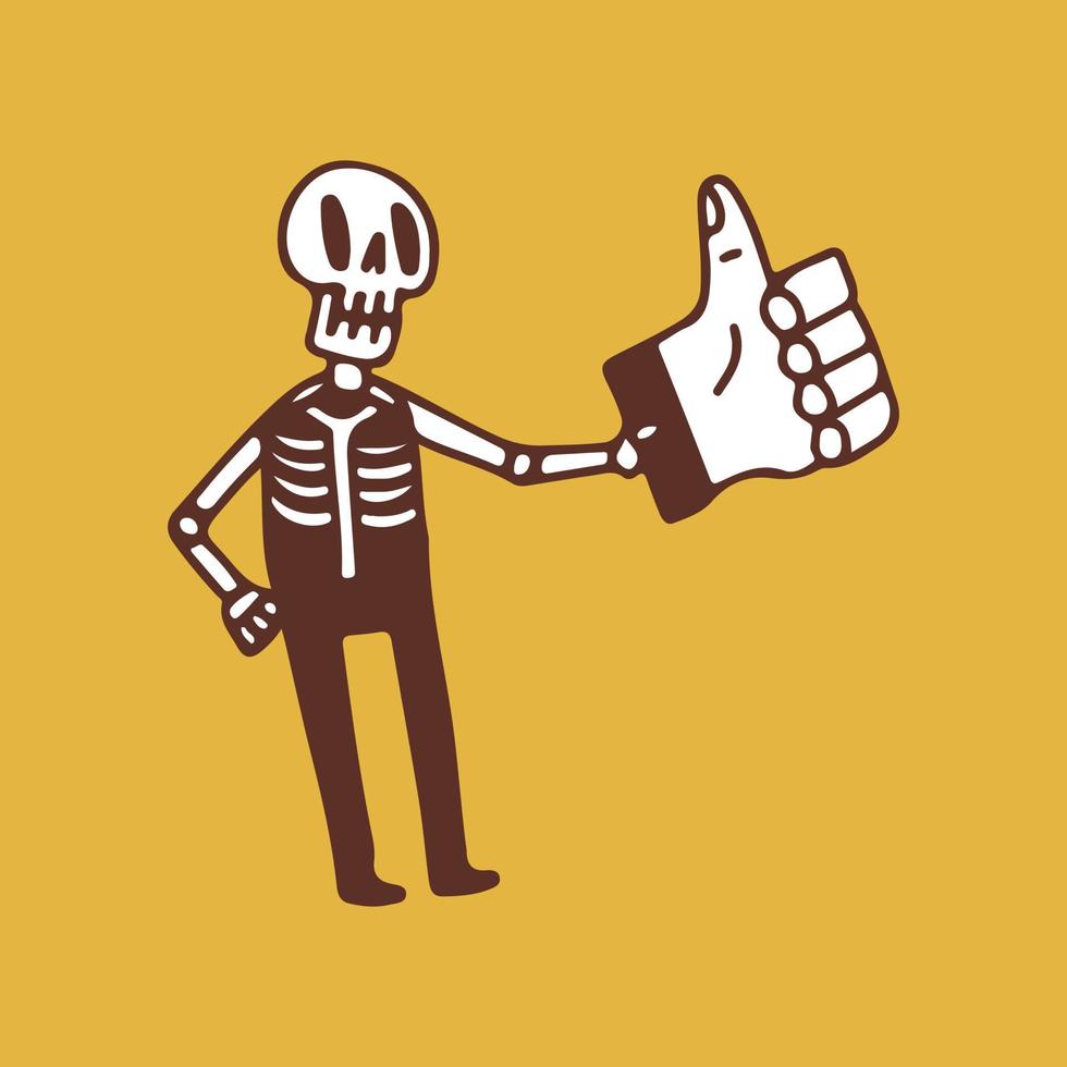 Cool skeleton holding thumb up sign, illustration for t-shirt, sticker, or apparel merchandise. With retro cartoon style. vector