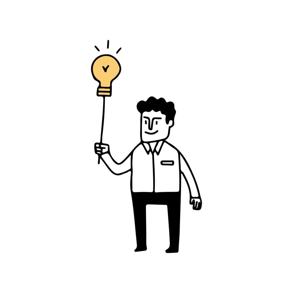 Illustration of a businessman holding lamp of idea, Hand drawn Vector Illustration doodle style