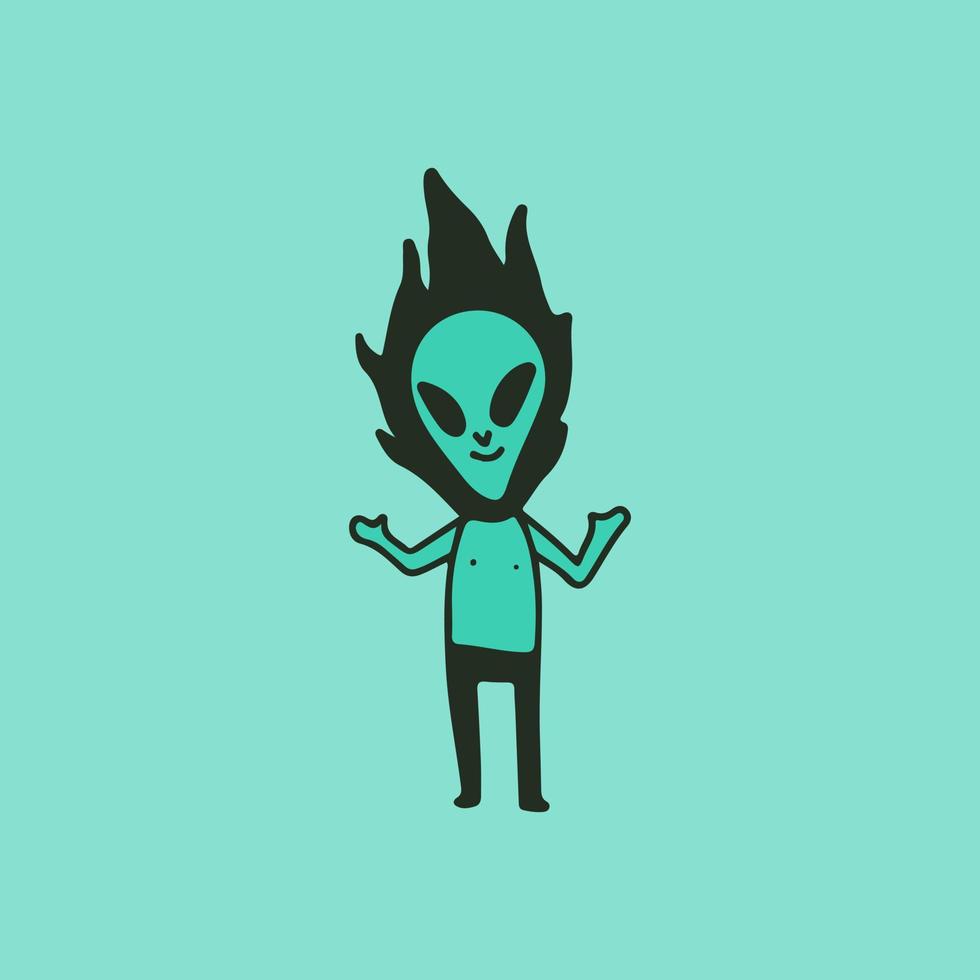 personaje alienígena con la cabeza en llamas, ilustración para camisetas, pegatinas o prendas de vestir. con estilo de dibujos animados retro. vector