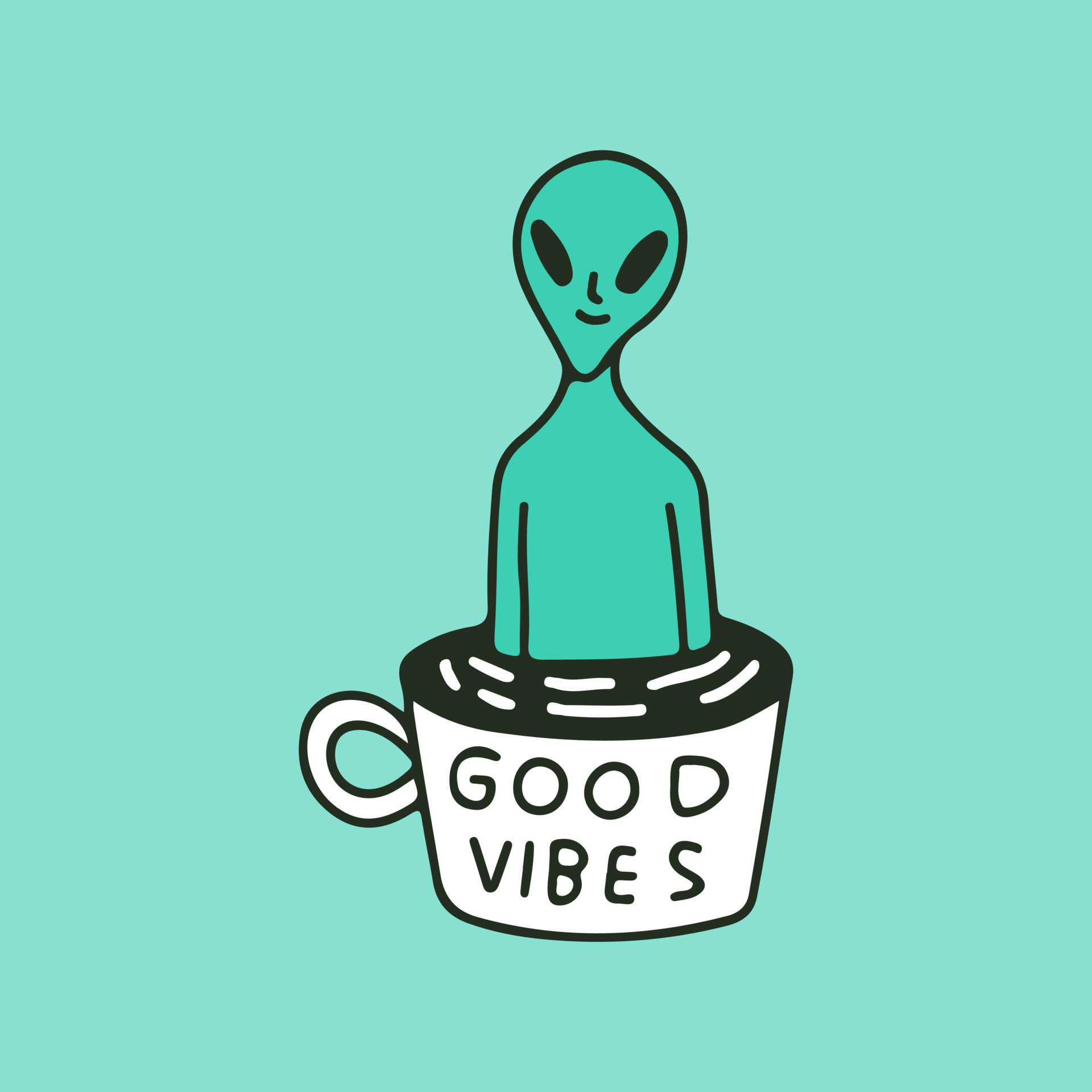 Funny alien in cup of coffee with good vibes typography, illustration for  t-shirt, sticker, or apparel merchandise. With retro cartoon style. 5917020  Vector Art at Vecteezy