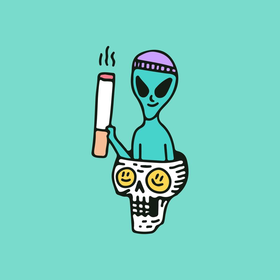 personaje alienígena con sombrero de beanie sosteniendo un cigarrillo y relájese en la cabeza del cráneo, ilustración para camisetas, pegatinas o prendas de vestir. con estilo de dibujos animados retro. vector