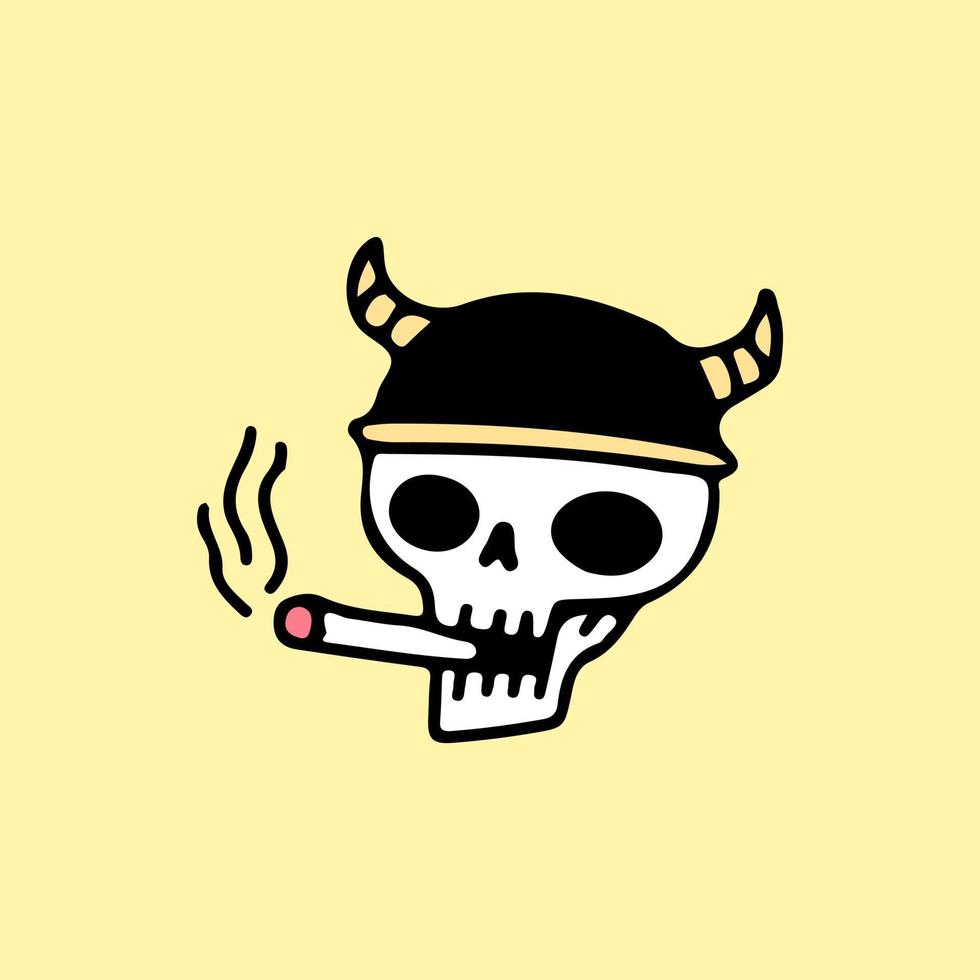 esqueleto con casco vikingo y cigarrillo fumador, ilustración para camisetas, pegatinas o prendas de vestir. con estilo de dibujos animados retro. vector