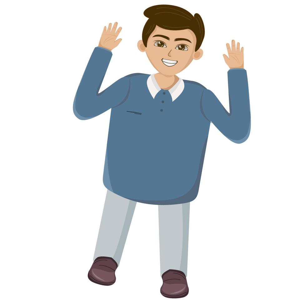 The male character was waving both hands. The male character is happy. Posing happily when photographed vector