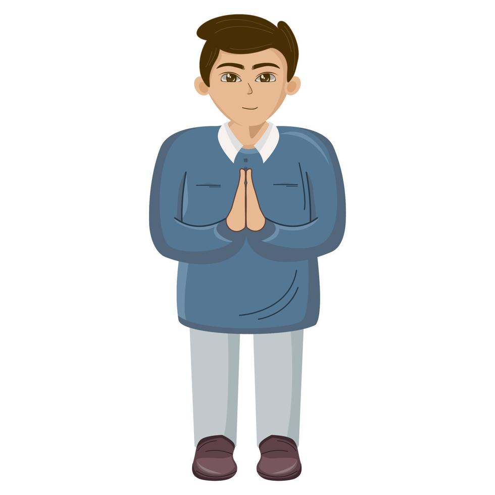 The character of the young man clasped hands over his chest. The character is apologizing. vector