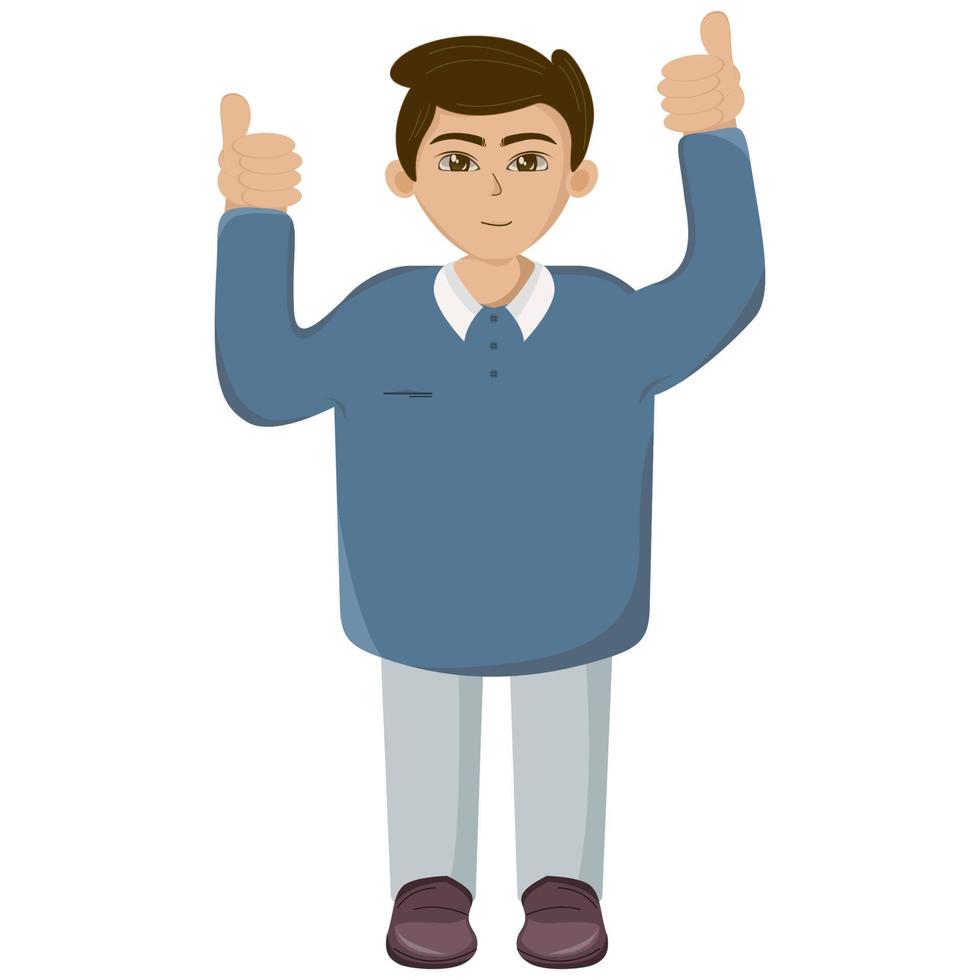 The male character raised both thumbs up gives a gesture of appreciation to someone vector