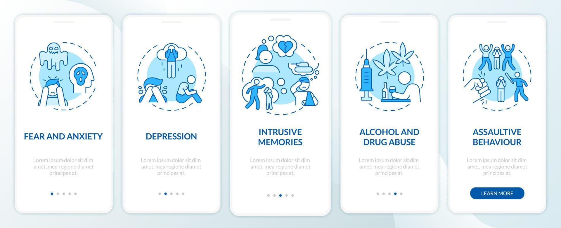Consequences of hate speech onboarding mobile app page screen. Depression symptoms walkthrough 5 steps graphic instructions with concepts. UI, UX, GUI vector template with linear color illustrations