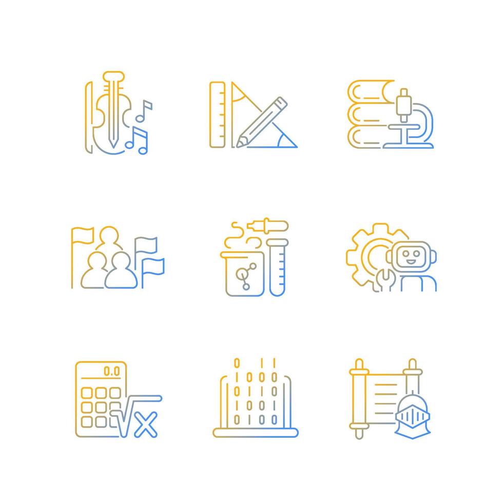 Different types of school subjects gradient linear vector icons set. Scientific study. Music classes in school. Thin line contour symbols bundle. Isolated outline illustrations collection