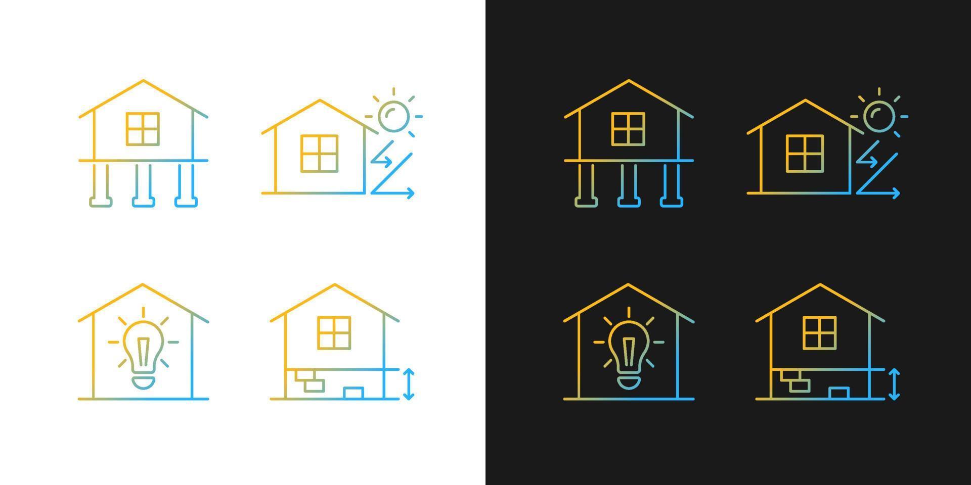 Residential building gradient icons set for dark and light mode. Electricity supply to home. Thin line contour symbols bundle. Isolated vector outline illustrations collection on black and white