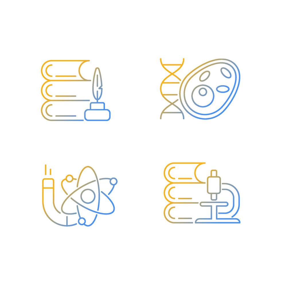 Diversity of subjects in school gradient linear vector icons set. Humanities and applied sciences. Science lesson. Thin line contour symbols bundle. Isolated outline illustrations collection