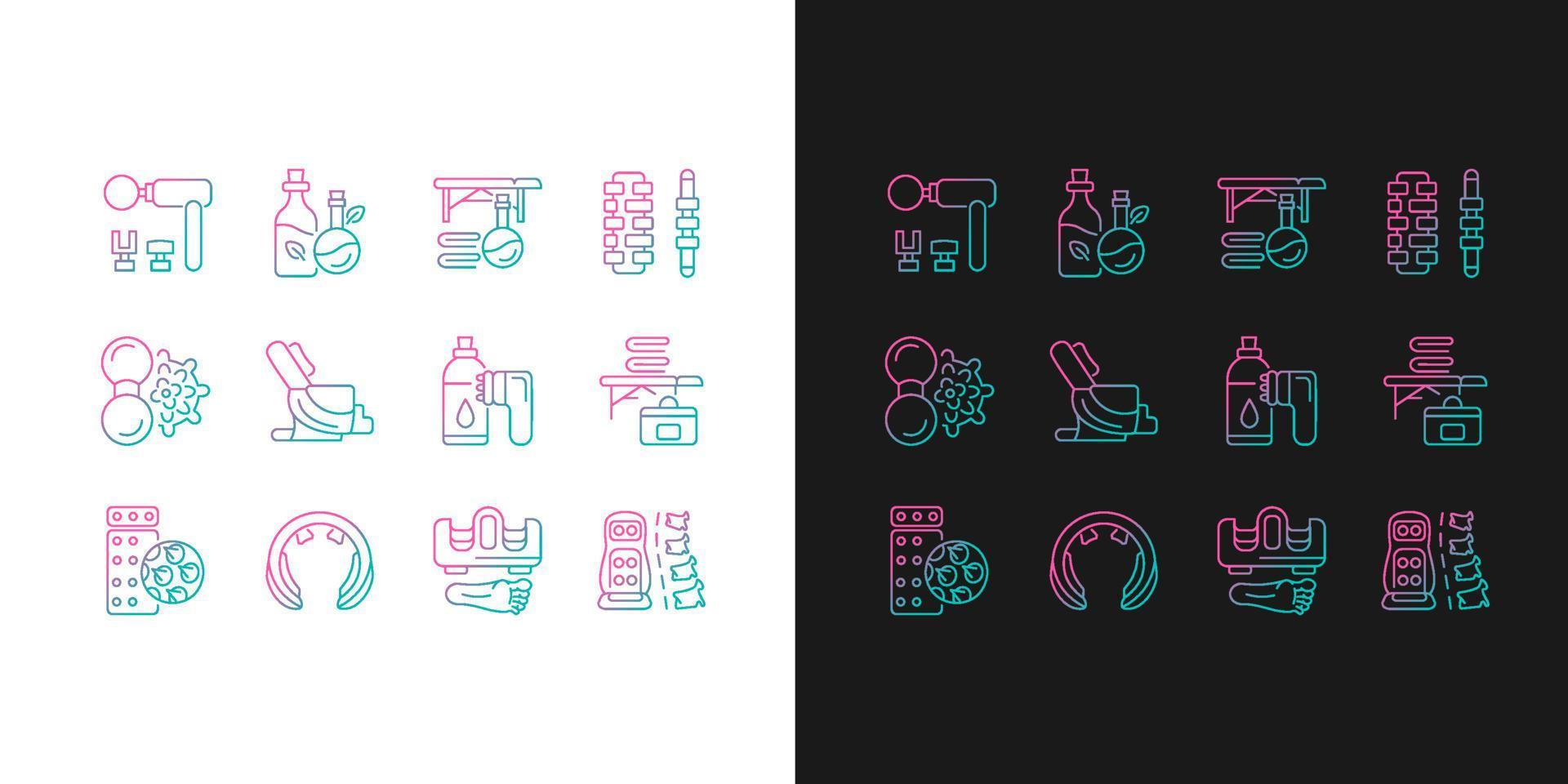 Massage tools and equipment gradient icons set for dark and light mode. Body stimulating devices. Thin line contour symbols bundle. Isolated vector outline illustrations collection on black and white