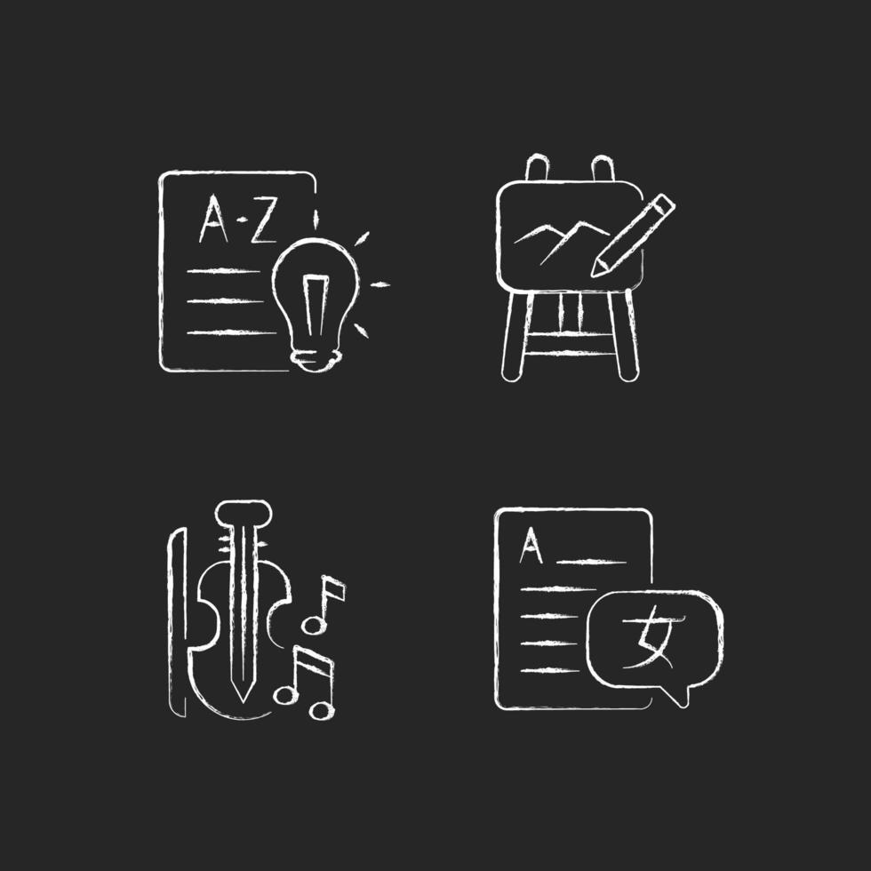 Variety of subjects in school chalk white icons set on dark background. Art classes. Music education. Learning foreign languages. Financial literacy. Isolated vector chalkboard illustrations on black