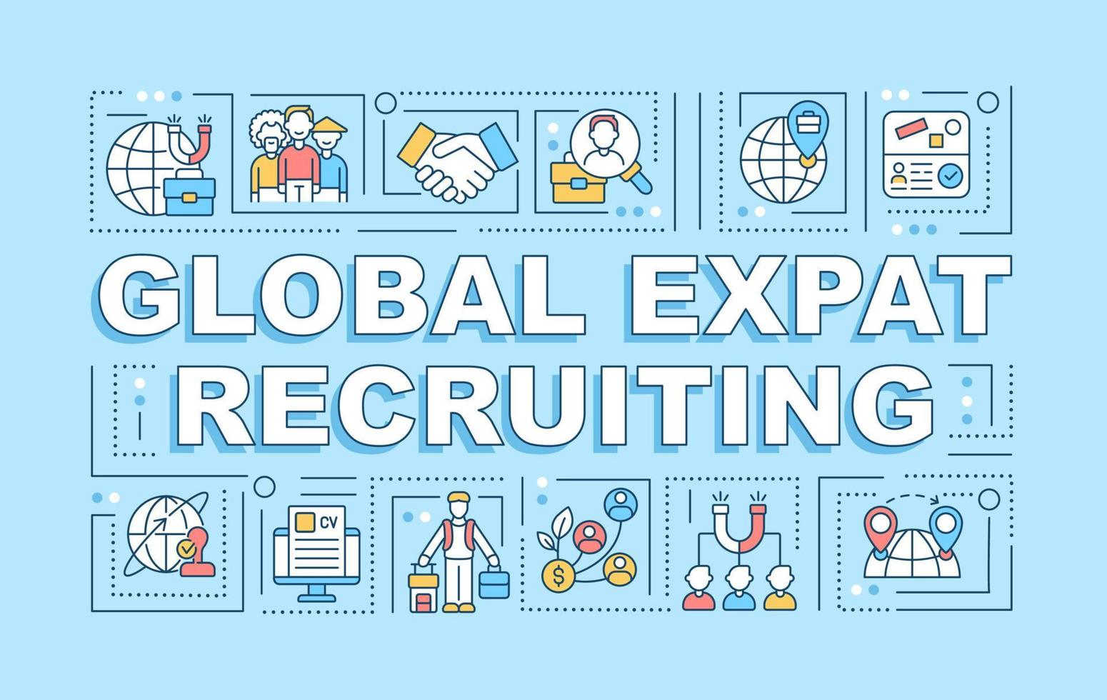 Global expat recruiting word concepts banner. Hiring employees abroad. Infographics with linear icons on blue background. Isolated creative typography. Vector outline color illustration with text