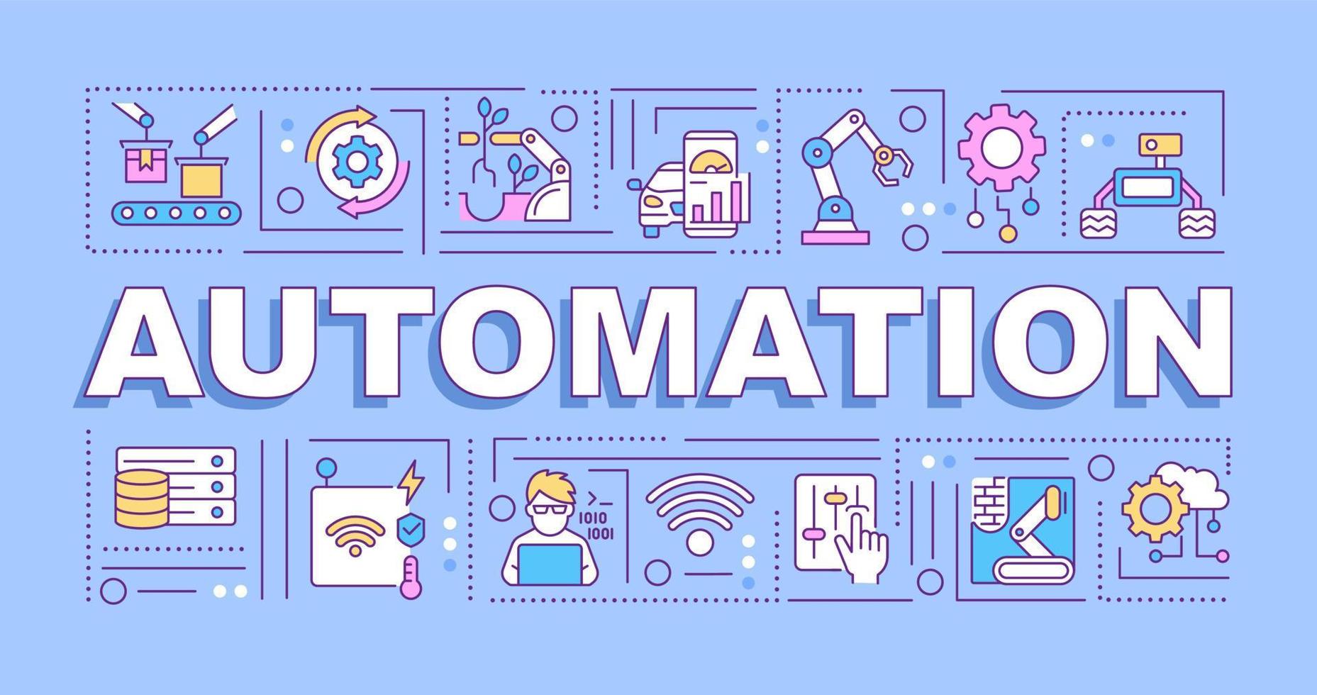 Automation word concepts blue banner. Innovative technology. Infographics with linear icons on background. Isolated typography. Vector outline color illustration with text. Arial-Black font used
