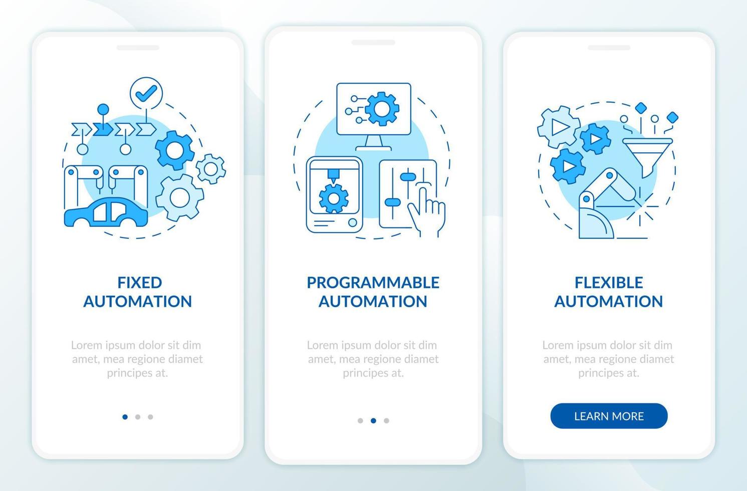 Automation types blue onboarding mobile app screen. Program and software walkthrough 3 steps graphic instructions pages with linear concepts. UI, UX, GUI template. Myriad Pro-Bold, Regular fonts used vector