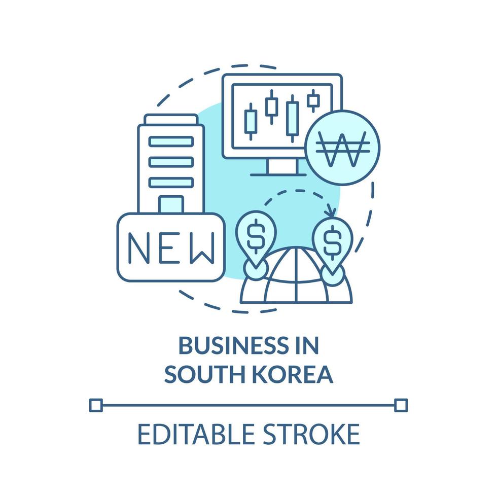 Business in South Korea turquoise concept icon. Rapid economic growth abstract idea thin line illustration. Isolated outline drawing. Editable stroke. Roboto-Medium, Myriad Pro-Bold fonts used vector