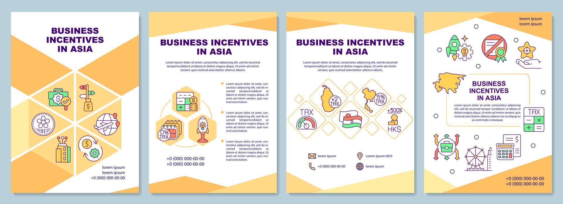 Business incentives in Asia orange brochure template. Booklet print design with linear icons. Vector layouts for presentation, annual reports, ads. Arial-Black, Myriad Pro-Regular fonts used