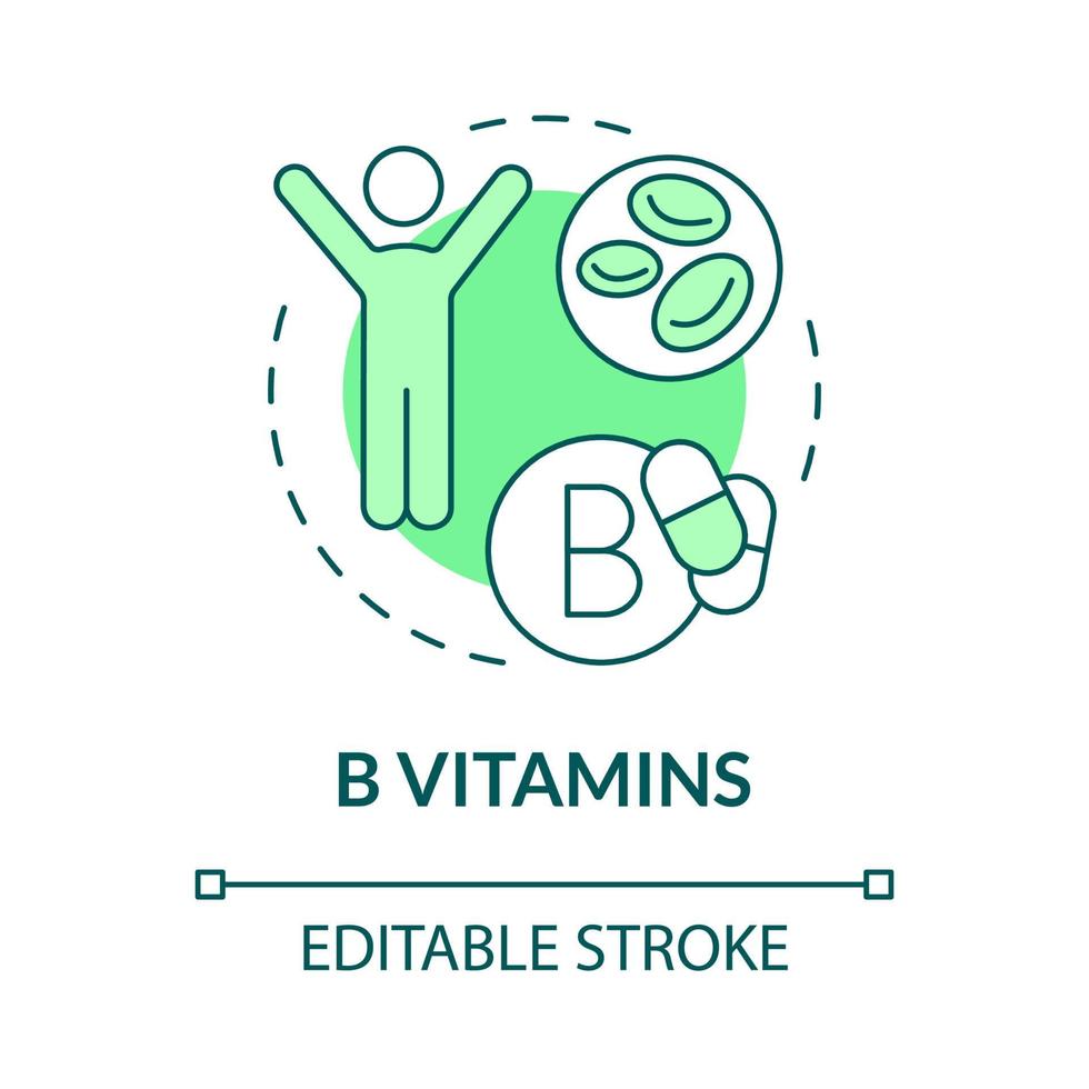 B vitamins green concept icon. Supplements for wellness and fitness abstract idea thin line illustration. Isolated outline drawing. Editable stroke. Roboto-Medium, Myriad Pro-Bold fonts used vector
