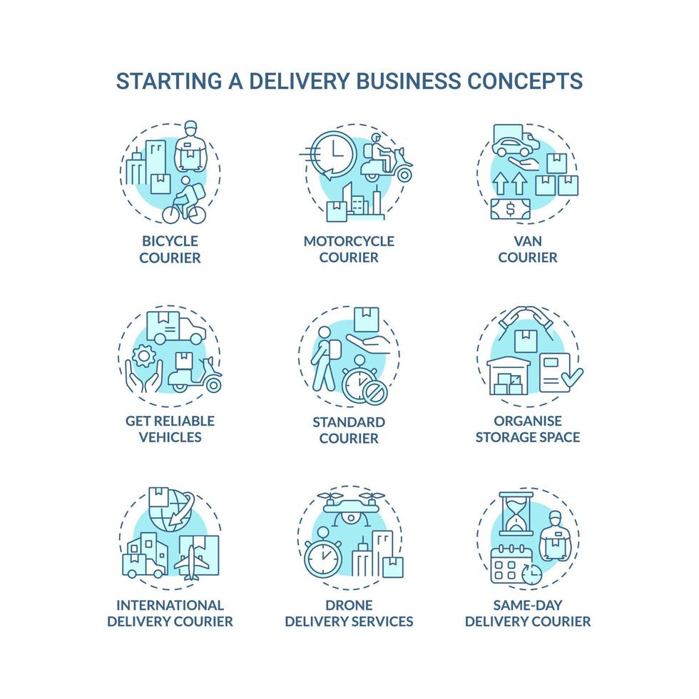 Starting delivery business turquoise concept icons set. Shipping service idea thin line color illustrations. Isolated outline drawings. Editable stroke. Roboto-Medium, Myriad Pro-Bold fonts used vector