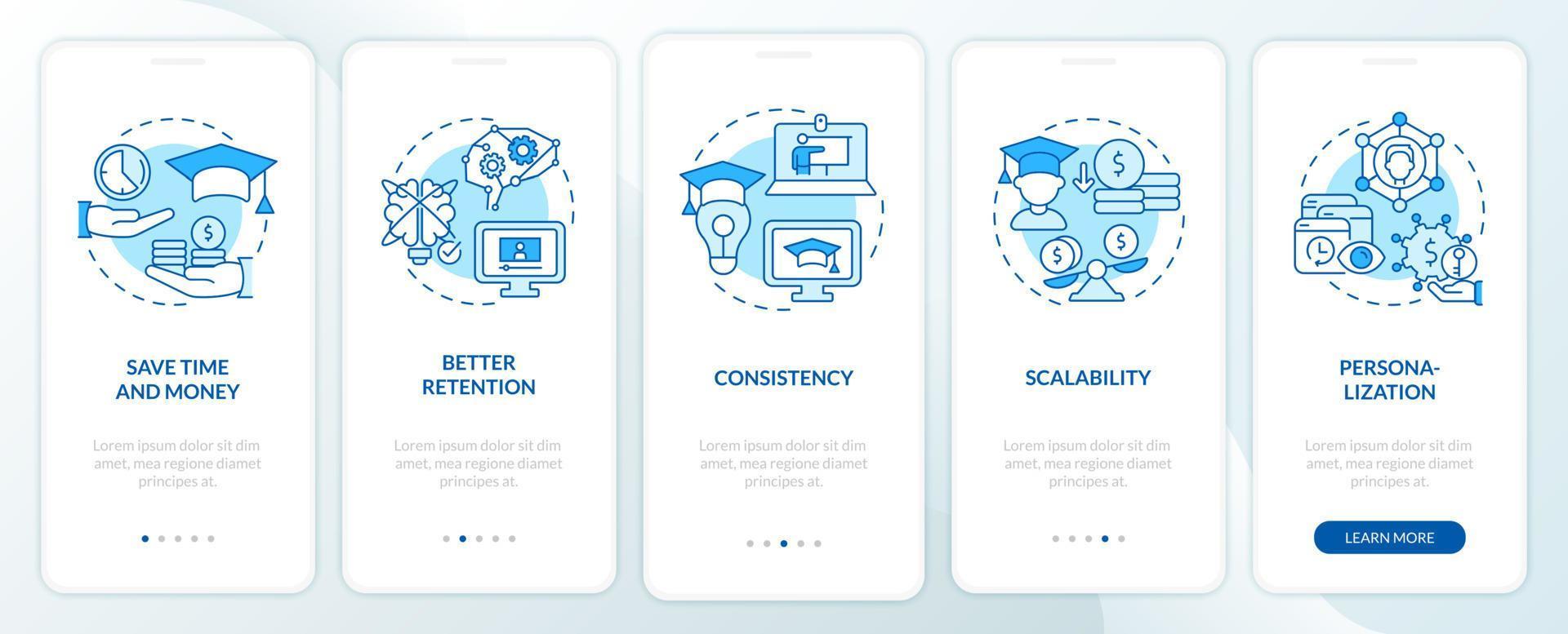 Advantages of elearning blue onboarding mobile app screen. Walkthrough 5 steps graphic instructions pages with linear concepts. UI, UX, GUI template. Myriad Pro-Bold, Regular fonts used vector