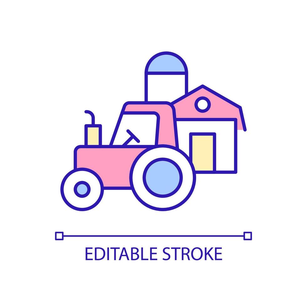 Agriculture RGB color icon. Agribusiness and farming. Farm equipment and vehicle. Barn and silo tower. Isolated vector illustration. Simple filled line drawing. Editable stroke. Arial font used
