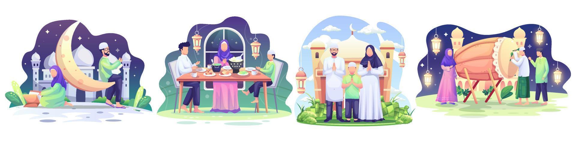 conjunto de ilustraciones conceptuales de ramadán. los musulmanes felices celebran el mes sagrado de ramadán, iftar, leen el corán, saludan a eid mubarak. ilustración vectorial vector