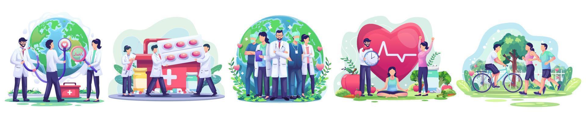 Set of World Health Day concept with Group of staff medical doctors and nurses, people living healthy, couple jogging, cycling, yoga, vector illustration